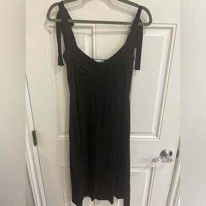 S Reformation knit tie strap black midi dress, ruched detail at bust